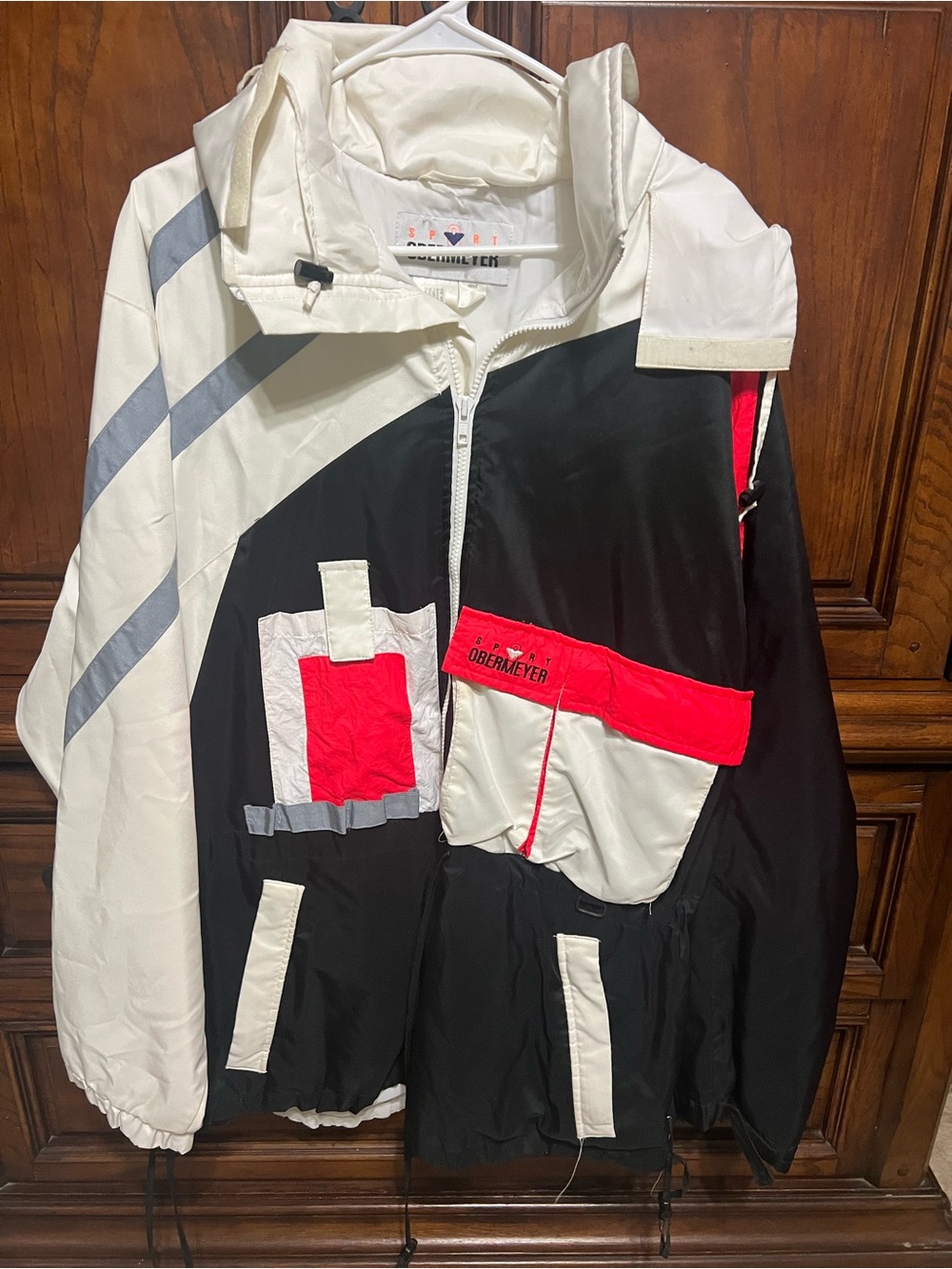 Vintage 90s Sport Obermeyer Ski Jacket Men L Black White Red Colorblock Hooded
